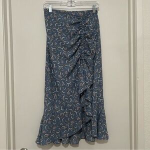 Blue Floral Swirl Ruffle Midi Skirt Drawstring Ruched Slit High-Low Hem Boho S